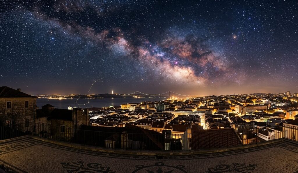 Panoramic night view of Lisbon, Portugal, featuring traditional rooftops, the illuminated 25 de Abril Bridge, and a vibrant Milky Way galaxy with subtle golden constellation lines in the sky.