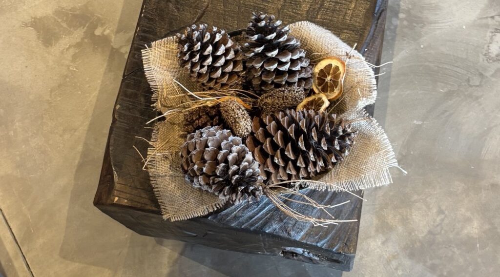 A decorative arrangement of pine cones and dried orange slices on a rustic burlap fabric, representing soulful and natural gift ideas in Lisbon.