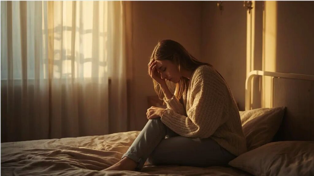 A woman sits on the edge of her bed in soft morning light, holding her forehead as she tries to remember a fading dream.