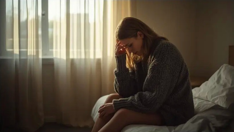 A woman sits on the edge of her bed in soft morning light, holding her forehead as she tries to remember a fading dream.